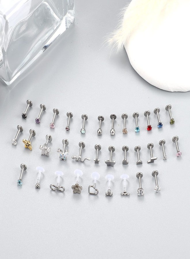 Drperfect 33PCS 16G Stainless Steel Internal Thread CZ Stud Piercing Jewelry for Tragus/Conch/Helix/Nose/Lip/Labret Cartilage Earrings Flatback Butterfly/Bee/Nose Rings for Women & Men (6/8/10mm) - Image 2